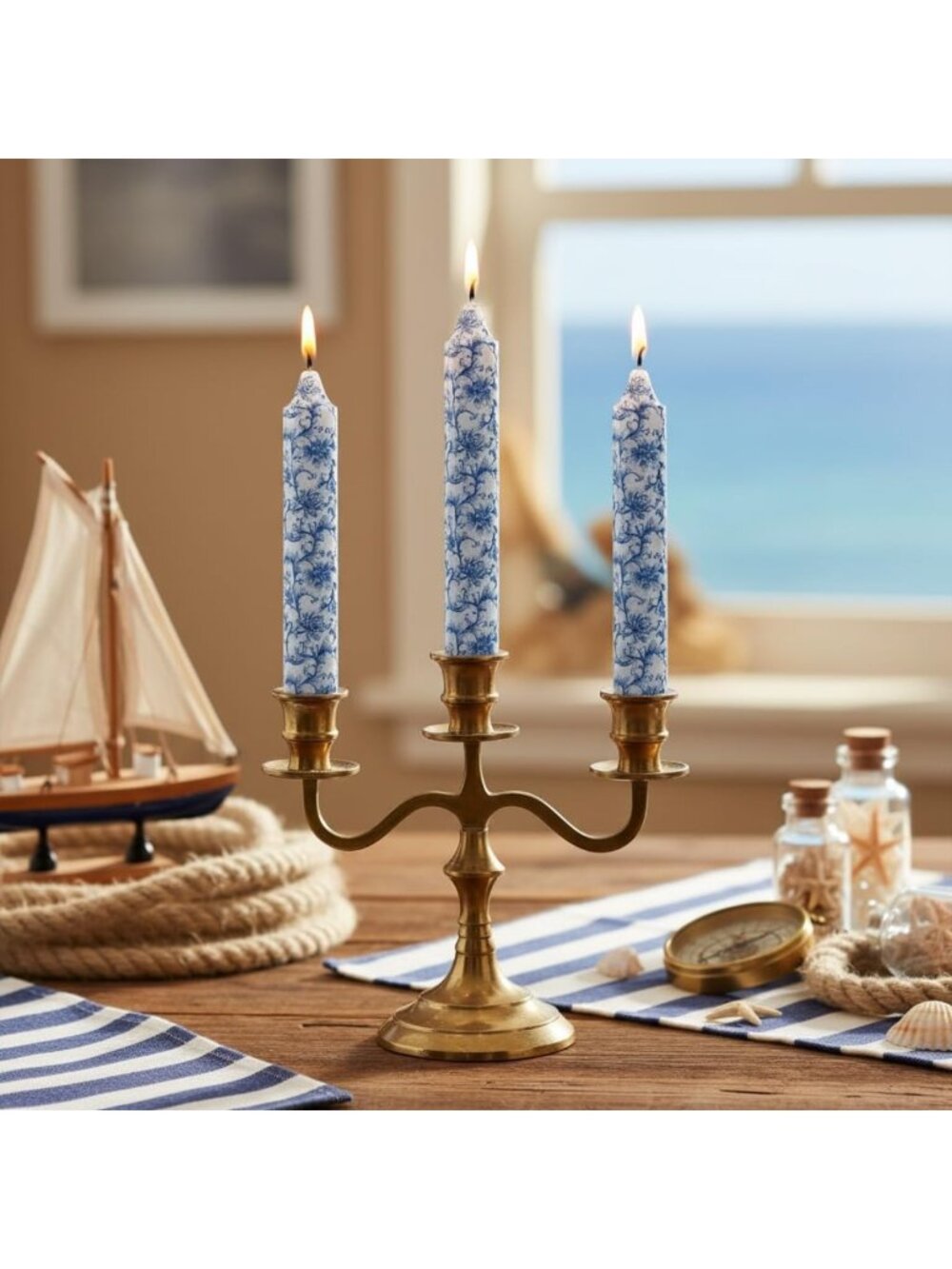 9 Inch Blue & White Thick Taper Candles - Hand Poured, Smokeless, Unscented